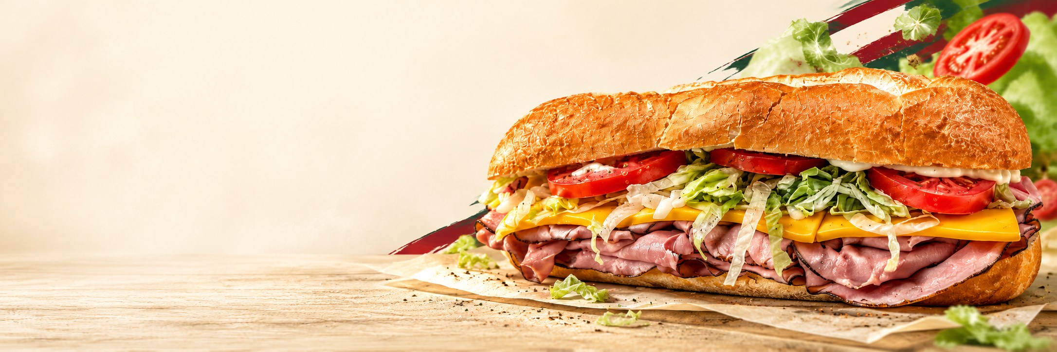 Italian sub layered with meat, American cheese, lettuce and tomato
